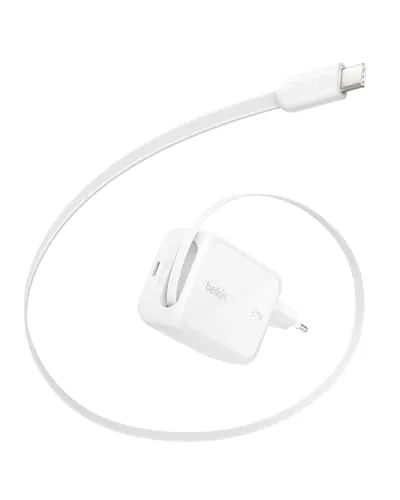 Belkin Cargador USB C con Cable USB C Retráctil y Puerto USB-C, Cargador Tipo C GAN, Carga Rápida para iPhone 17 y 16 Series, Galaxy S26 Series, AirPods, Tabletas, MacBook, Chromebook