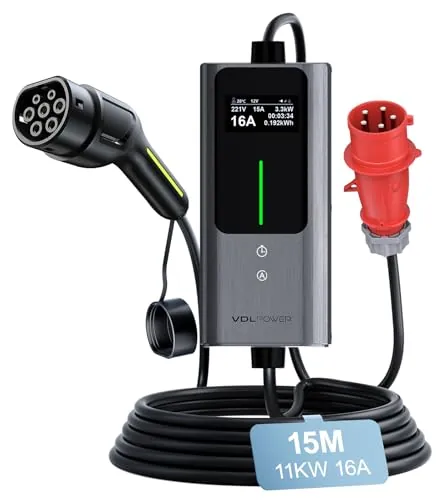 VDLPOWERVP Cargador Coche Electrico 11kw, 15m Tipo 2 de Carga para Vehículos Eléctricos con Cable, Cargadores para Vehículos Eléctricos, Corriente Ajustable 6A - 16A, CEE de 5 Pines, IEC 62196-2, IP65