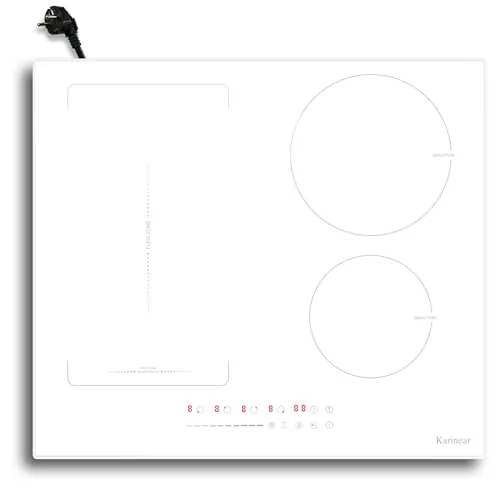 Karinear Placa de Inducción 4 Fuegos con Enchufe, Induccion Blanca, Booster, Control por Deslizamiento y Toque, Temporizador, Bloqueo Para Niños, Zona Flexible, 60 CM, 220-240 V, 3500 W