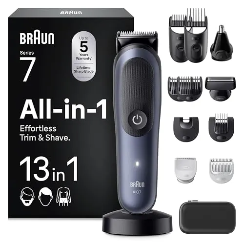 Braun Recortadora Todo en Uno Series 7 AIO7565, Azul - Kit de Styling 13en1 para Barba, Pelo, Orejas, Nariz Y Cuerpo, 14 Longitudes, 120 Min de Autonomía, Cortapelos Hombre con Lámina Ultra Afilada
