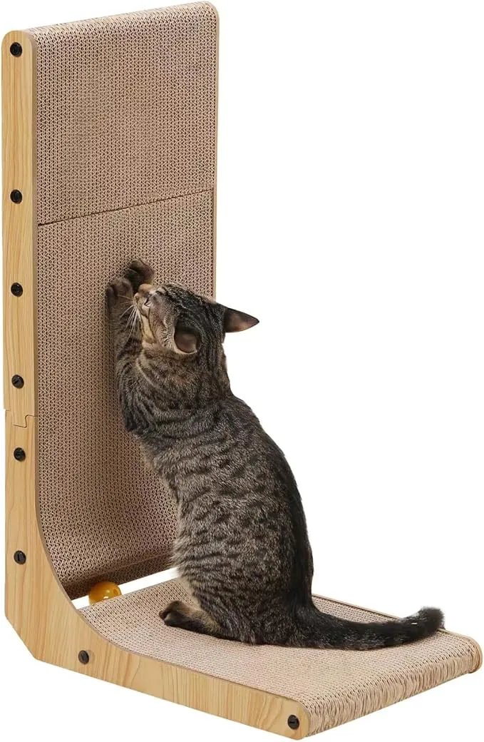 FUKUMARU Rascador para Gatos de 68 cm de Altura, rascador Vertical en Forma de L, con Pelota de Juguete, Alfombrillas rascadoras de cartón Paredes y Esquinas，Talla Grande