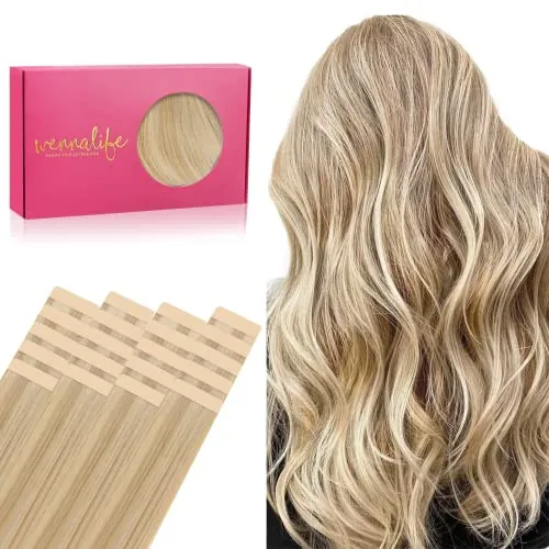 WENNALIFE Extensiones Adhesivas Pelo Natural, 40cm, 50g, 20 Piezas, Hellblond Highlights Goldblond, Extensiones Pelo Remy Cabello Humano