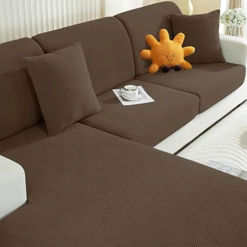 Ystyle Funda Asiento Sofa, Funda Cojin Sofa Ajustable Chaise Long, Universal Protector Sofa Cojines Separado Elástico (1 Asiento*2+Chaise Longue, Marrón)