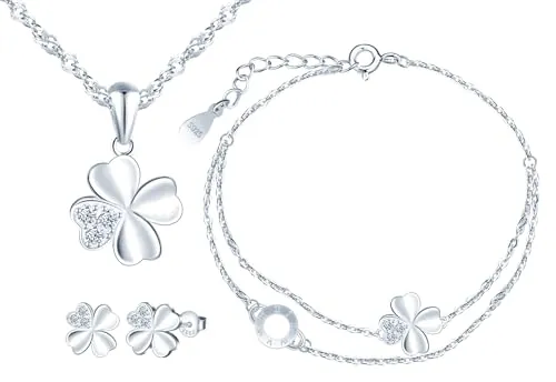 MICMIF Conjunto joyas de 3 piezas, collar de plata trébol para mujer, pulsera de cadena trébol, y pendientes de trébol para niña, plata de ley 925 juegos de joyas para novia mamá hija fiesta
