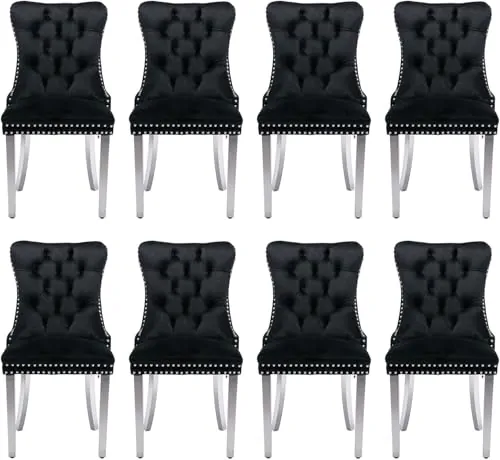 SoarTalent Sillas Comedor Terciopelo Negro, Patas Plateadas, Juego 8