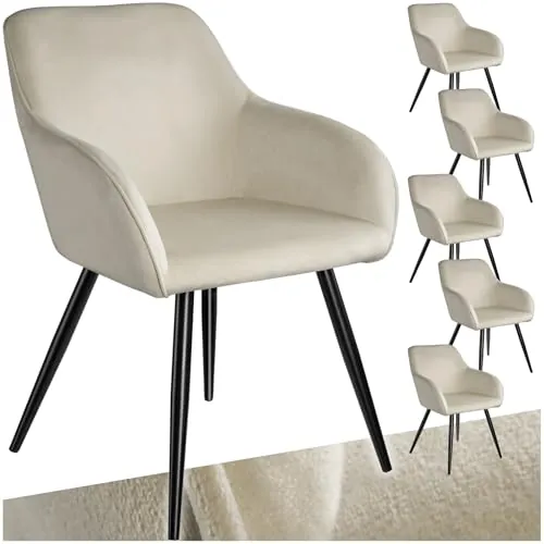 tectake® Silla Tapizada en Terciopelo, Sillas de Comedor Ergonómicas y Versátiles, Gran Estabilidad y Capacidad de Carga, Sillas Cocina Elegante - 6 Sillas Crema/Negro