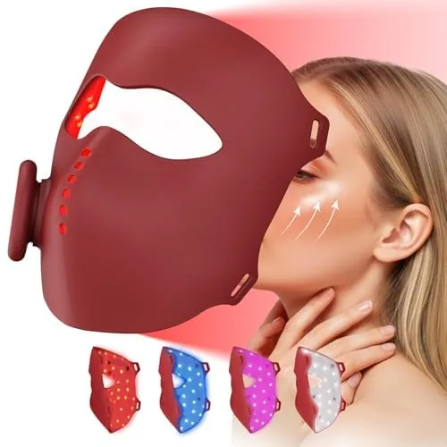 Rkdely Máscara LED cara 4 colores 64 lámpara de luz roja máscara facial | 4 modos de luz + infrarrojos, recargable, asiento cómodo, función de temporizador. Ideal para todos los tipos de piel para el