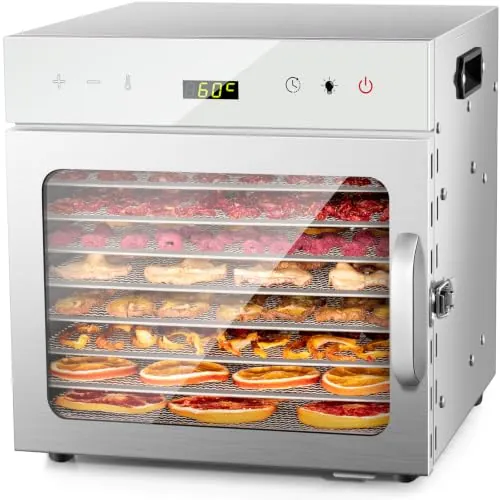 Kwasyo 8 Bandejas Deshidratador de Alimentos, Recetas Temperatura Ajustable 30-90℃, Acero Inoxidable Completo, Temporizador de 24 horas, Deshidratadora de Frutas, BPA Free