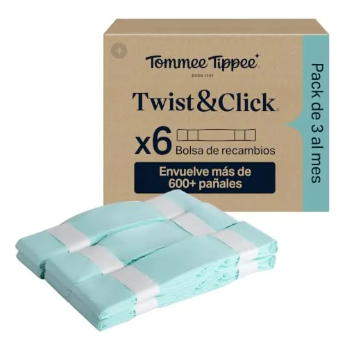 Tommee Tippee Bolsas de recambios para contenedor de pañales Twist & Click | Pack de 6 láminas multicapas antibacterianas* de 10, 6 x 10, 5 m