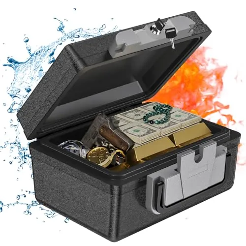 WASJOYE 22L Caja Fuerte Portátil, Caja fuerte Ignífuga e Impermeable, con Cerradura de Llave y Asa de Transporte, Caja de Bloqueo para el Hogar, Viajes, Documentos, Dinero en Efectivo