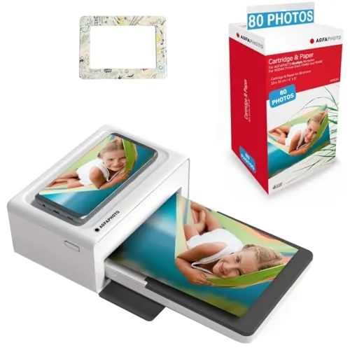 AgfaPhoto Pack Impresora Realipix Moments + 80 Cartuchos Fotográficos y Papel + Bonito Marco Magnético - Bluetooth Photo Print 10x15 cm, iOS y Android, 4Pass Sublimación Térmica - Blanco