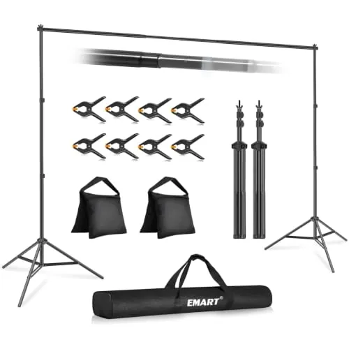 EMART Soporte Fondo Fotográfico 2x3m,Kit Sistema de Soporte Fondo Ajustable | 8 Pinzas, 2 Bolsas de Arena, Retrato, Fotografía de Productos, Grabación de Video