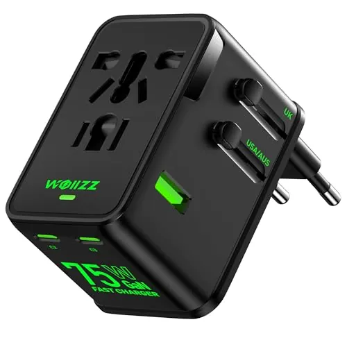 Adaptador de Viaje 75W, Adaptador Universal Europeo GAN de Carga rápida con 5 Puertos (1 AC, 1 USB-A y 3 USB-C), Adaptador de Enchufe con Chip Inteligente para más de 200 países, Cargador PD y QC