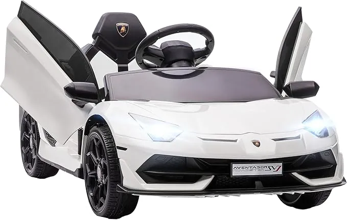 HOMCOM Coche Eléctrico Lamborghini para Niños Coche de Batería 12V Velocidad MAX.5 km/h Puerta de Tijera con Control Remoto MP3 Luces y Cinturón de Seguridad Blanco
