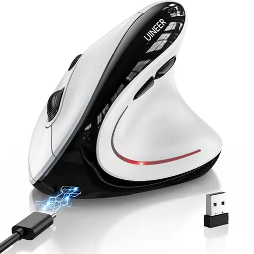 Uineer Raton Ergonómico Inalámbrico Recargable 3 Puertos de Dispositivo | 4 DPI Ajustables Ratones Vertical, Indicador de batería, clic silencioso, LED de 7 para Windows, Mac, Portátil