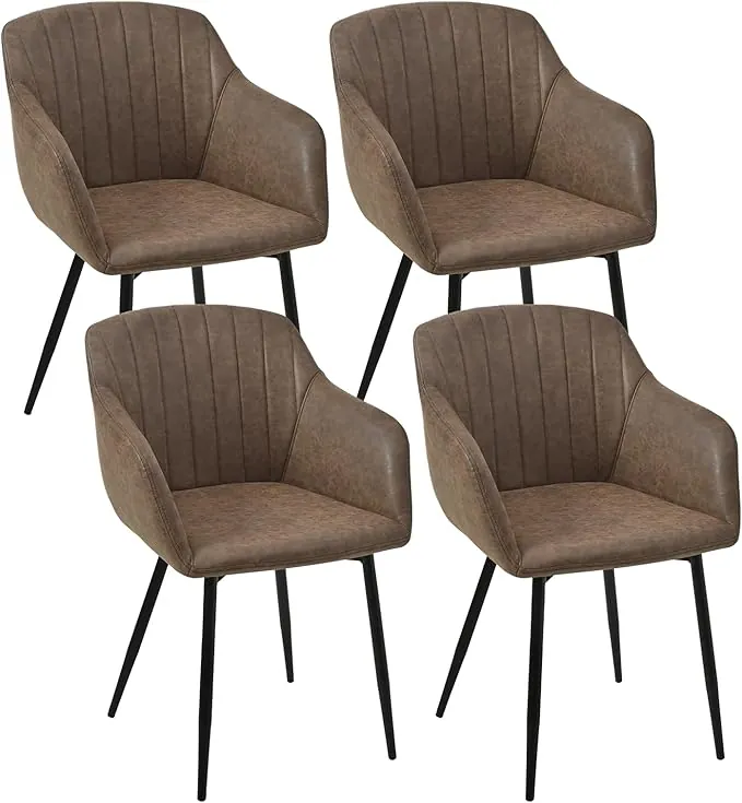 Sillas Comedor Pack 4 con Reposabrazos Silla Comedor Cuero PU Sillas de Cocina Patas de Metal para Cocina, Salon, Marrón Oscuro