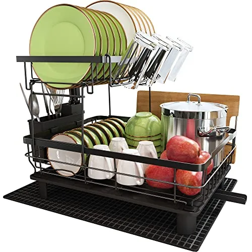 Boosiny Escurreplatos Acero Inoxidable de Cocina con Drenaje Automático | con Soporte Para Utensilios y Porta Vasos, Para Secar la Vajilla Lavada, Grande, 2 Niveles, Negro
