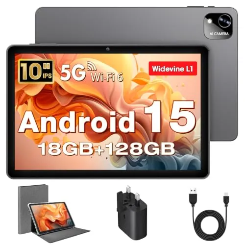 Tablet 10 Pulgadas, Tableta Android 15 con Funda, Unisoc T30 Quad-Core, 18 GB RAM + 128 GB ROM + 1 TB TF, Pantalla HD IPS 1280x800, Cámara Dual 5MP + 8MP, 6000 mAh, WiFi 6, BT 5.0, GPS (Cargador UK)
