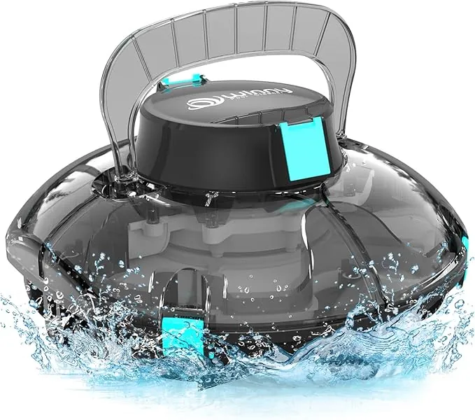 WINNY POOL CLEANER Winny 200 Limpiafondos Piscina, Inalámbrico Robot Limpiafondos Piscina, 75Min Autonomía, Piscinas Desmontables 60m², Doble Filtración,Estacionamiento Auto(Transparente Negro)