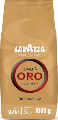 Lavazza, Qualità Oro, Café en Grano Natural, Ideal para la Máquina de Café Espresso, con Notas Aromáticas de Frutas y Flores, 100% Arábica, Intensidad 5, Tueste Medio, Paquete de 1 kg