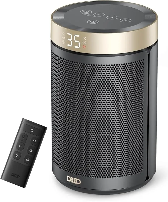 DREO Calefactor Cerámico de Bajo Consumo, Portátil con Termostato, Temporizador 12H, Modo Eco y Ventilador Silencioso, Calentador Eléctrico 1500W PTC Rápido y Seguro para Oficina, Dormitorio y Hogar