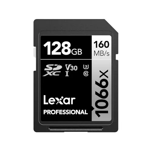 Lexar Tarjeta SD Profesional 1066x de 128 GB, SDXC UHS-I hasta 160 MB/s de Lectura, 120 MB/s de Escritura, V30/U3/C10 para Cámaras DSLR y Videocámaras HD