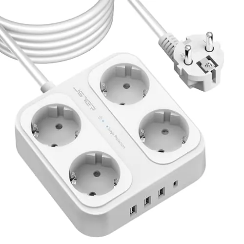 JSVER Regleta Enchufe 5M con 4 Tomas con 3USB A y 1 USB C (5 V/3,4 A),Protección contra Sobretensiones para el hogar, la Oficina y los Viajes Cable 5m-Blanco