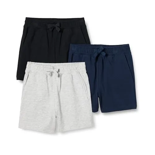 Amazon Essentials Pantalones cortos de algodón Niño, Pack de 3, Azul Marino/Gris Claro Mezcla/Negro, 10 años