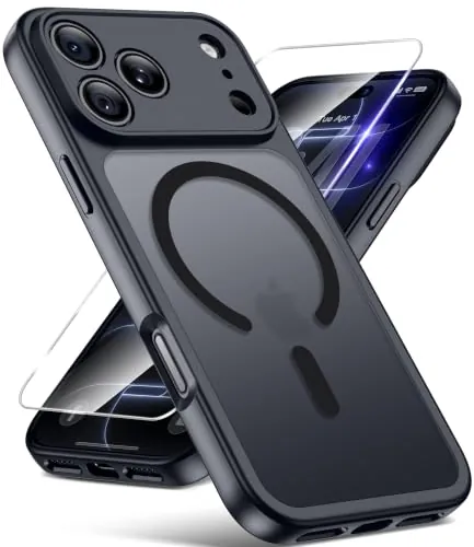 FLLAO Funda Magnética para iPhone 18 Pro Max / 17 Pro Max 6.9', Negro | Compatible con MagSafe, 2 Protector de Pantalla Cristal Templado, [Protección de Cámara] Magnética Translúcida Mate Carcasa