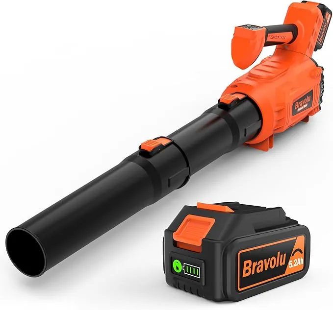 Soplador de Hojas, Bravolu Soplador con Baterías de 5200 mAh y Cargador, Potente Motor sin escobillas, Velocidad del Aire MAX 305 km/h, 5 Velocidades Soplador de Hojas Eléctrico con Modo Turbo