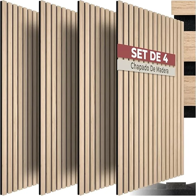 tectake® Paneles Acusticos Decorativos MDF, Chapa de Madera Real, Excelente Acústica, Tejido de Fieltro y Madera, Insonorización Acústica Pared - 4 Paneles Roble Claro