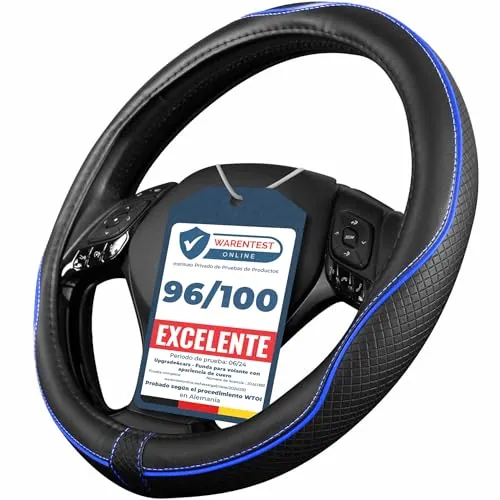 Upgrade4cars Funda Volante Coche Azul Negro Universal Poli-Piel | Cubre 37-38 cm Diámetro Exterior | Accesorios Coches Interior Decoracion Cubierta | Ideas Regalos