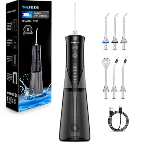 WAFLOO Irrigador Dental Portátil para Casa y Viaje, Diseño Inalámbrico | 6 boquillas, depósito de 300 ml, 5 modos de limpieza y protección IPX7 para un cuidado dental diario completo y cómodo