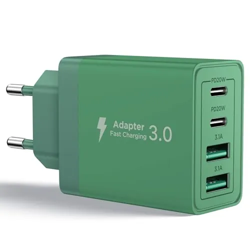 Aioneus Cargador USB C 40W 4 Puertos, Cargador iPhone Carga Rapida PD 3.0 Cargadors Multiple con Tipo-C y USB-A, Enchufe USB C para iPhone 16 Pro Max/15/14/13/12/11, Samsung, iPad