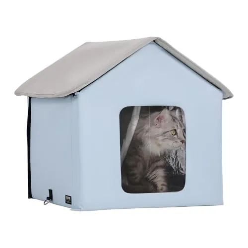 VEVOR Casa para Gatos con Calefacción de 47 x 42 x 47 cm, Refugio para Gatos Plegable Al Aire Libre de Tela Oxford 600D con Almohadilla Térmica, Temperatura Ajustable y Temporizador, Azul (Pequeño)
