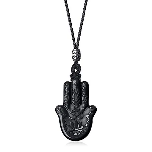 COAI Collar con Colgante Amuleto de Protección de Mano de Fátima de Obsidiana Negra Piedra Natural