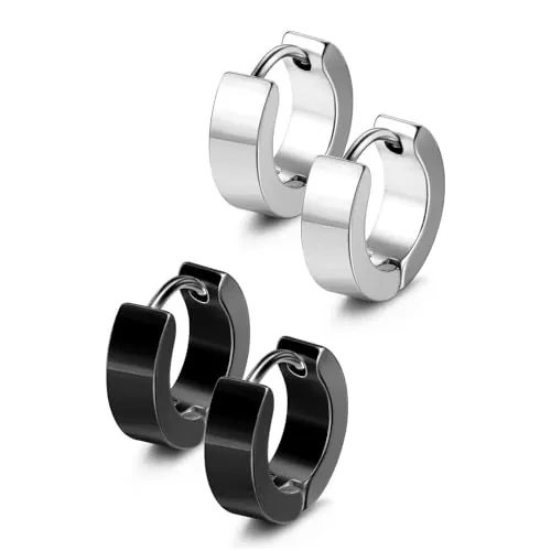 Ozmw 2 Pares de Pendientes de Aro, Pendientes de Aro Flexibles de Plata Negra Mate, Pendientes para Hombre/Mujer (1 Par Negro, 1 Par Plateado)