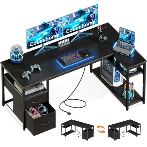 Coleshome Escritorio Esquinero con Cajones de Tela, 160x80cm Escritorio en L con Estantería Reversible, Mesa en L con Enchufes y Puertos USB para Oficina Trabajo en Casa y Juegos, Negro