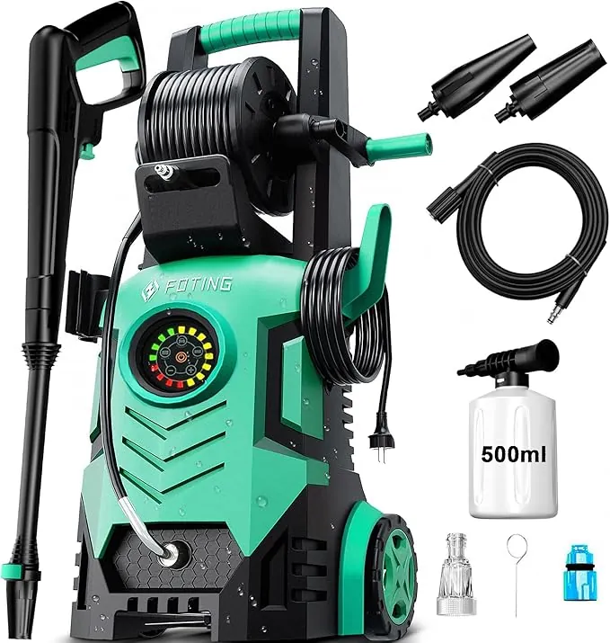 Hidrolimpiadora 200 Bar Pantalla Táctil 8 Niveles, Caudal 280–500 l/h, Boquilla 6-in-1, 60 m²/h, con Manguera, Lanza y Depósito de Espuma 500 ml, Coche/Jardín/Hogar
