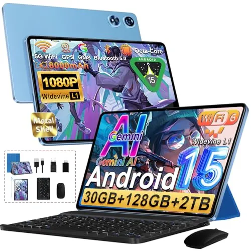 UJJ 2026 Tablet 10 Pulgadas Android 15 con Gemini AI, 30GB RAM + 128GB ROM（TF 2TB）, Octa-Core 2.0GHZ, 8000mAh, GMS, Widevine L1, 5G WiFi 6 & BT 5.0, GPS, OTG, Tablet con Teclado y Raton-Azul
