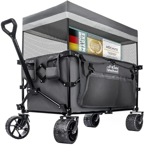 Carro Plegable, Carretilla de Transporte; Buggy de Playa con Capacidad para 90 l y 150 kg; Ruedas XXL con Freno; Carro con Escalera; Coche de Camping para el jardín y Actividades al Aire Libre (Gris)