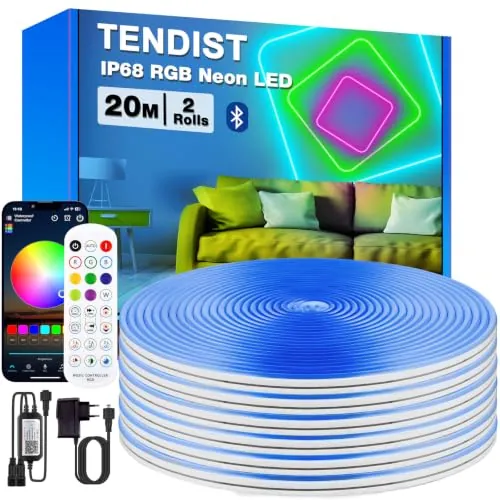 TENDIST RGB Neon Tira LED Exterior, IP68 Tiras LED Impermeable Flexible Bluetooth Sinc Musica con Smart APP y Control Remoto, 24V Neon Flex para Jardín, Terraza, Balcón, Exterior (2 * 10M)