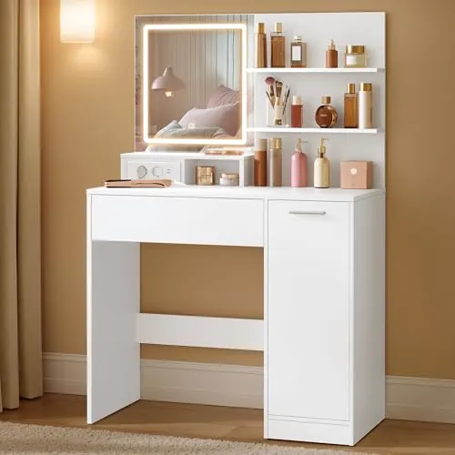 VASAGLE Custos Colección - Tocador con Espejo LED, con Regleta de Enchufes, Gabinete con 2 Estantes Ajustables, 1 Cajón, 2 Estantes Abiertos, Estilo Moderno, Blanco RDT138W01