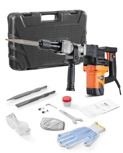 VEVOR Martillo de Demolición 1400W 19J 2900BPM Martillo Eléctrico con Cable 5/8" con 2 Cinceles Reemplazables Mango Giratorio 360° Rompe Hormigón Antivibración para Cincelar Construcción Fontanería