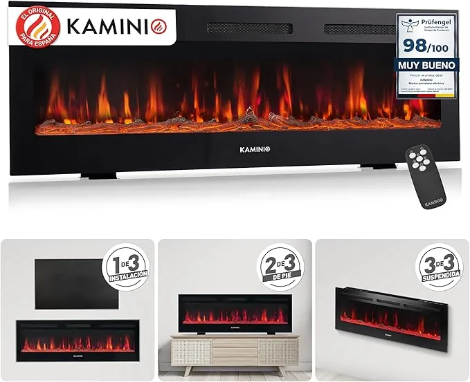 KAMINIO Eléctrica Chimenea Marlon - Chimenea eléctrica 3 en 1 con calefacción, Efecto de Llama 3D, 12 Colores de Llama, Control Remoto (60 Pulgada)