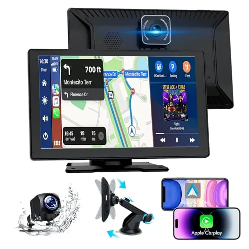 Pantalla Coche, 9" Pantalla Carplay Coche para Apple y Android con HD 1080P Cámara Trasera y Delantera, Navegación GPS, Bluetooth 5.2, Control por Voz Manos Libres, Mirror Link, AUX, FM
