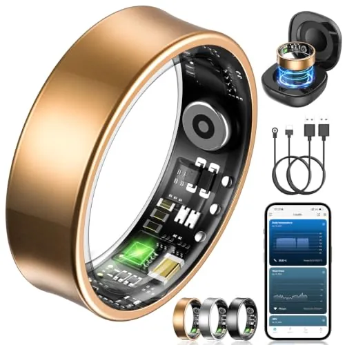 NAIXUES Anillo Inteligente Hombre Mujer, Smart Ring con Control por Gestos, HRV/Pulsometro/SpO2/ Sueño, 170+ Modos Deportivos Anillo de Fitness con 5ATM Impermeable, iOS Android (Oro, 10)