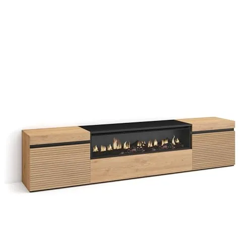 Skraut Home | Mueble TV | Televisión | Muebles de salón, almacenaje | 200x45x35cm | para TV hasta 80" | Chimenea eléctrica | Estilo Moderno | Roble