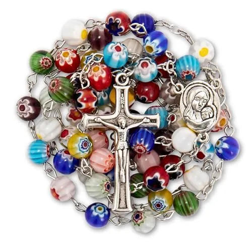 Nazareth Store Collar de rosario de cristal de Murano hecho a mano multicolor Millefiori medalla de la tierra sagrada y crucifijo, piedra preciosa, ágata
