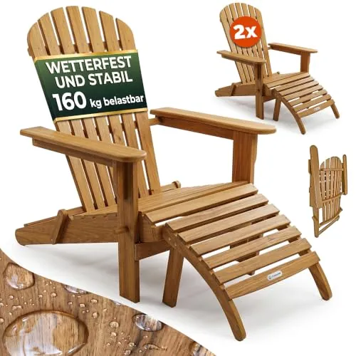 CASARIA 2X Tumbonas de Jardín Adirondack 85x69x93 Madera de Acacia Asiento Extra Ancho Plegable Reposapiés